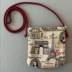 Crossbody Paris Fabric Purse Bag Corded Strap Mona Lisa Eiffel Tower Le Louvre